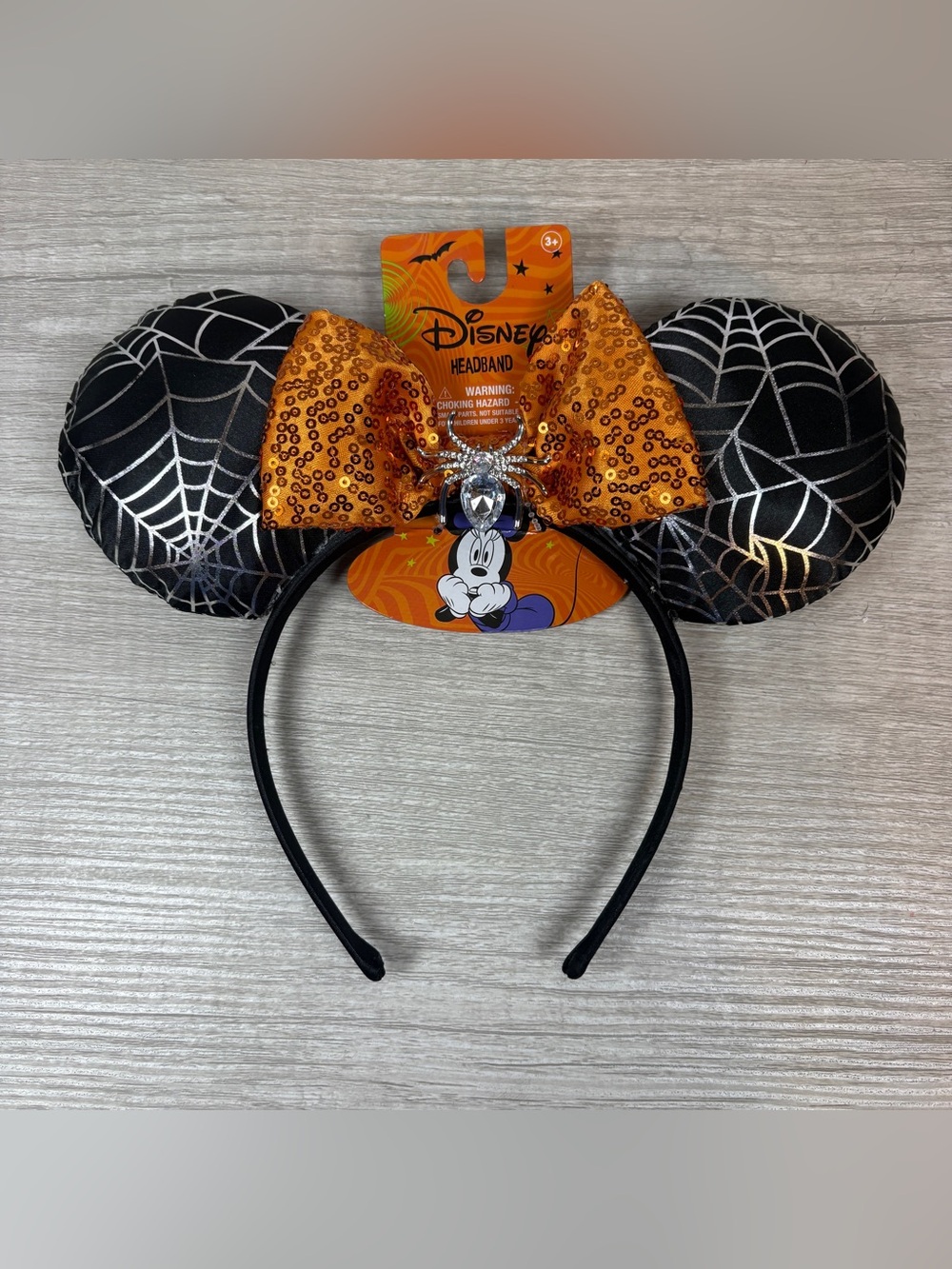 Disney Minnie Mouse Halloween Black Spider Orange Sequin Bow Mouse Ear Headband